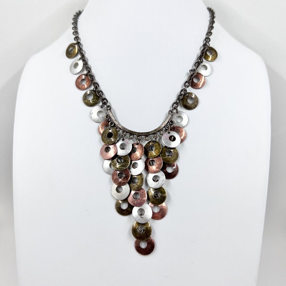 BOHO Vibes Tri-Colored Disk Dangle Brass Tone 14” Chain Choker Necklace - Picture 2 of 8